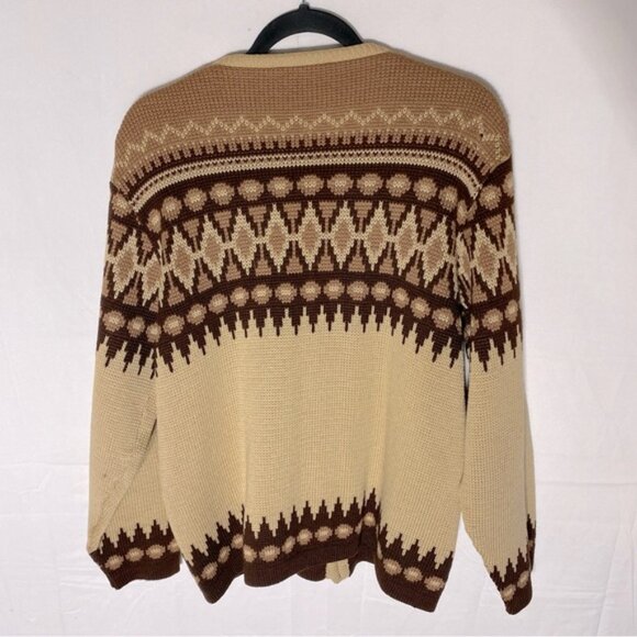 Vintage White Ram Tan Brown Fair Isle Virgin Wool Knit Button Up Cardigan M - Picture 2 of 16
